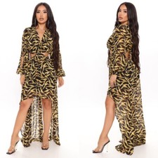 Fashion Nova Black Yellow Floral Cold Shoulder Long Sleeve Hi-Low Maxi Dress S