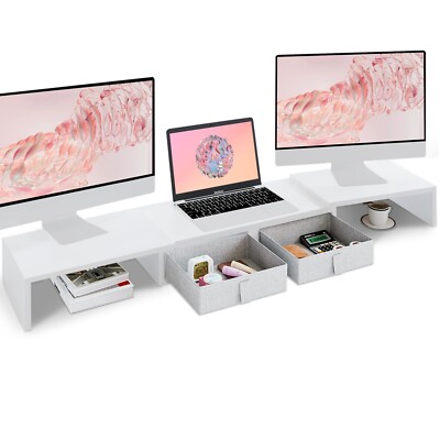 TEAMIX Dual Monitor Stand Riser - Length and Angle Adjustable White Monitor S...