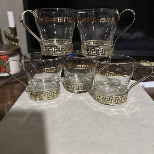 Vintage Libbey Gold Greek Key Continental Glass Coffee Cups Set of 5