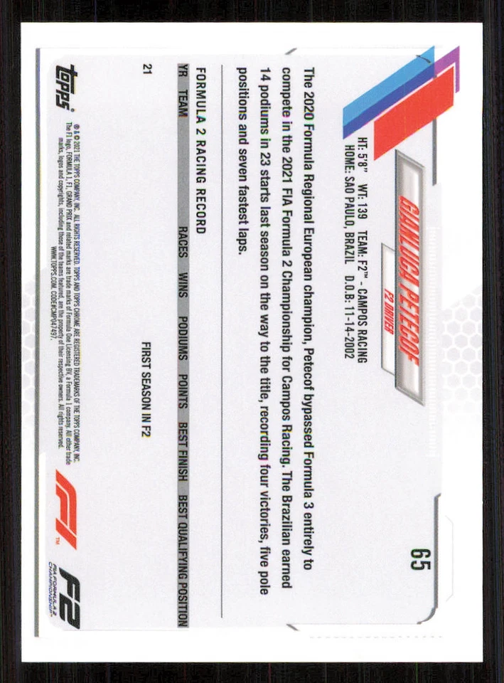 2021 Topps Chrome Formula 1 #65 Gianluca Petecof FS - Image 2 of 2