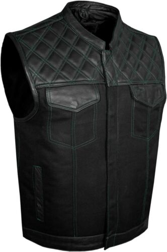SOA Men's Motorcycle Club Denim & Leather Vest w/ 2 Concealed Carry Pocket - Picture 14 of 34