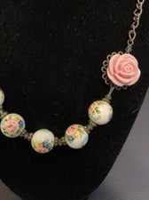 Handmade Victorian Style Statement Necklace - Dark Brass Floral Pink Rose Green