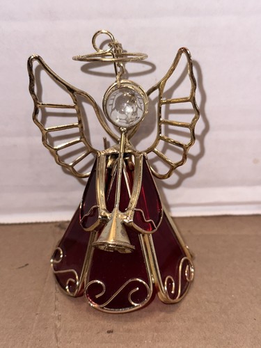 VTG Stained Glass Ruby Red Polished Brass Angel Christmas Tree Ornament 4 3/8” - Picture 8 of 10