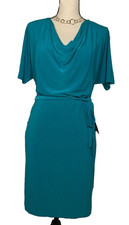 KOMAROV NWT $158 SHORT SLEEVE COWL NECK BELTED DRESS TURQUOISE XS MADE IN USA