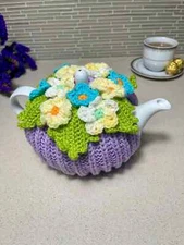 Crochet Hand Knitted Yellow, Blue Violets Lilac Flowers Tea Cozy Lavender Purple