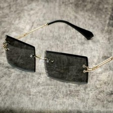 Vintage Rimless Gold Frame Black Tint Retro Buffs Rectangular Mens Sunglasses