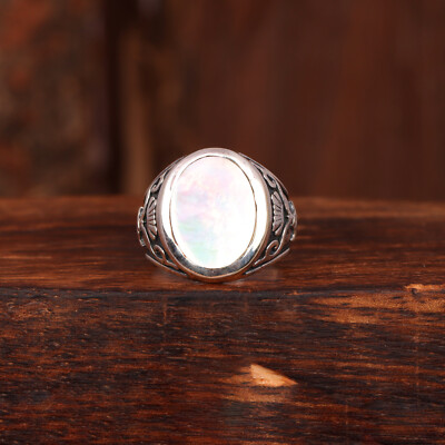 Natural Mother Of Pearl Signet Men's 925 Sterling Silver Ring Gift For Him