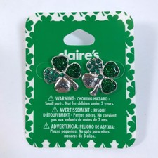 Claire's St Patricks Day Earrings 4 Leaf Clover Green Stones White Gold Tone