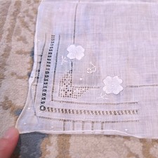 Vintage Handmade Embroidered Floral White Handkerchief