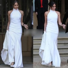 Simple Mermaid Wedding Dresses Markle Bridal Party Gowns Halter Neck Soft Satin