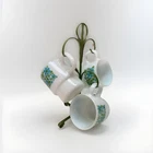 Vintage Mid Century Modern Glass Stacking Milk Mug 1960s Floral Set Of 3 W/ Tree