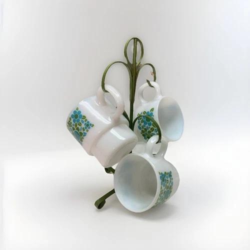 Vintage Mid Century Modern Glass Stacking Milk Mug 1960s Floral Set Of 3 W/ Tree