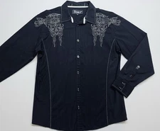 ROAR Signature Button Up Shirt Mens Size Large Black Embroidered Long Sleeve