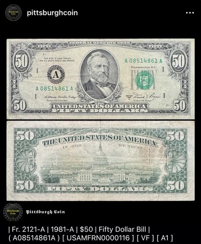 1981-A $50 Fifty Dollar Bill Boston MA Vintage Banknote FR 2121-A A1 - Picture 2 of 2