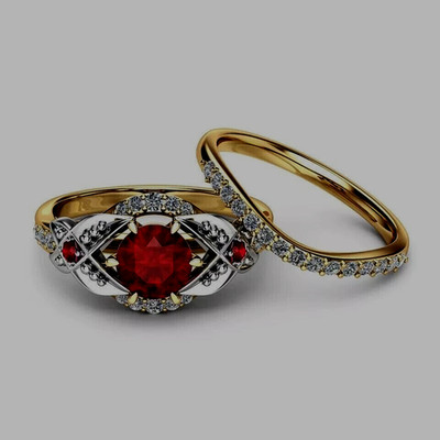 Round Cut Lab Created Ruby Engagement Band Ring Set 14K Yellow Gold Over 2.00Ct