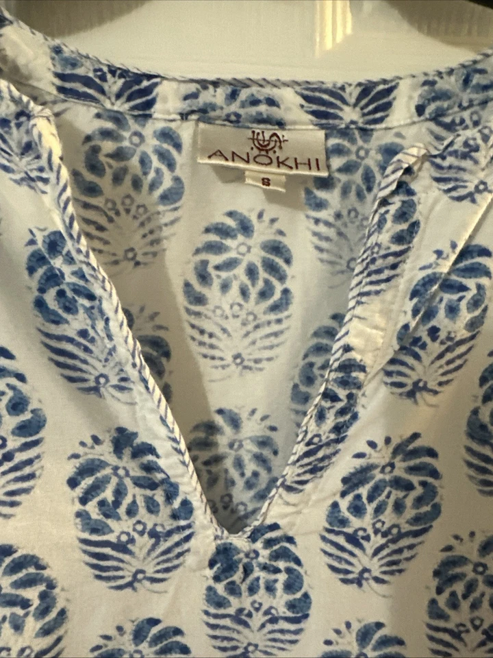 Conjunto de salón de pijama para mujer Anokhi talla S algodón azul blanco estampado túnica pantalones Foto 4 de 4