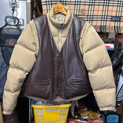 Schott 80-90s Vintage Down Jacket Vest 2way Leather Size 44 Beige Brown USA FS