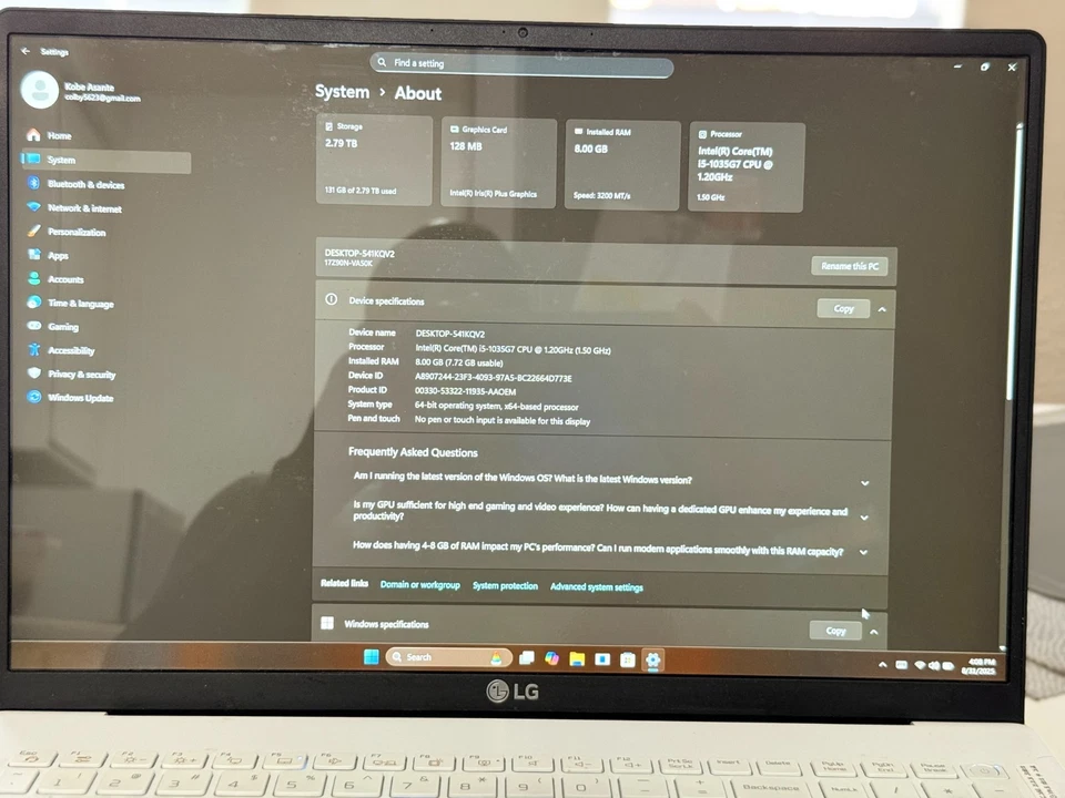 PORTATIL LG GRAM 17Z90N-VA50K, i5, 8GB RAM, 3T M.2/CON FUNDA/PORTATIL BLANCO Foto 3 de 4