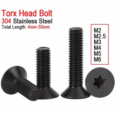 M2-M6 Black 304 Stainless Steel Six-Lobe Torx Head Flat Countersunk Screw Bolt