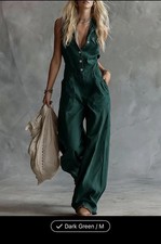 Dark Green Sleeveless Wide-Leg Button Pocket Jumpsuit Viscose Polyester M