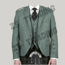 Men Argyle Kilt Wedding Jacket with Waistcoat - Scottish Wool Jacket Lovat Green