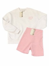 Wilo The Label Wellness Club Sweatshirt and Biker Short Set White Pink S NWT