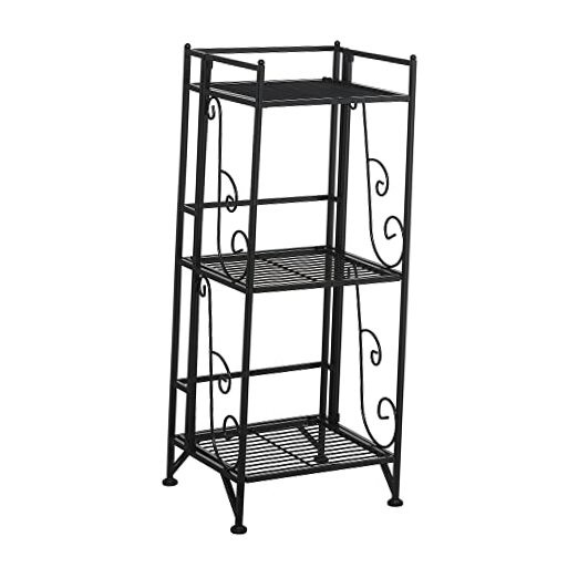3-Tier Black Folding Metal Shelf with Scroll Design for Extra Storage