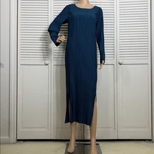 Hatch Sora Midi Pleated Boatneck Side Slits Polyester Blue Maternity Dress Small