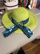 Women s Green Wide Brim Straw Hat With Decorative Blue Floral Wrap Bow Cottage