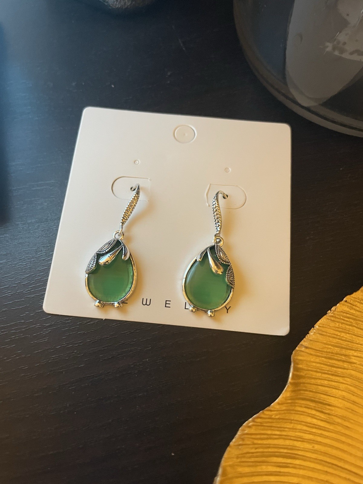 Art Nouveau Green Faux Gemstone Drop Earrings Semi-Transparent Fashion Jewelry