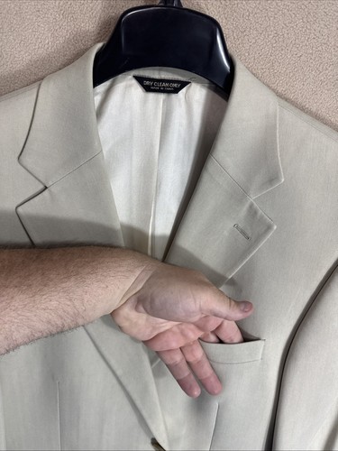 Stafford Blazer Uomo 40S Beige Spina di Pesce Due Bottoni 100% Seta Cappotto Sportivo - Foto 3 di 14