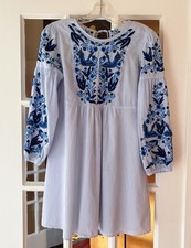 ZARA Mini Dress Babydoll Floral Embroidery Blue White Pinstripe SZ XS? Cotton