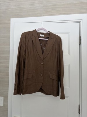 H & M Chocolate Collared 100% Linen Button With Embroidery Jacket Size 12