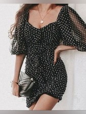 Zara XS Black Polka Dot Puff-Sleeve Mini Dress