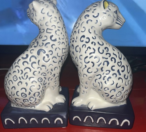 BLUE And WHITE SPOTTED LEOPARD CAT BOOKENDS ART DECO-Read Description - Picture 4 of 18