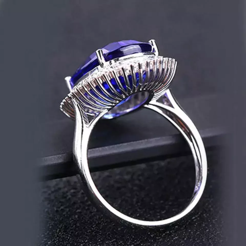 4Ct Oval Cut Blue Tanzanite Diamond Halo Engagement Ring 14k White Gold Plated - Image 4 of 4