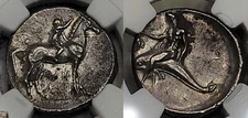 Calabria, Taras AR Didrachm 7.80g (Nike & Dolphin) c.302-280 BC Certified NGC AU