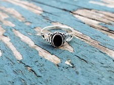 Sizes 5 - 10, 925 Sterling Silver Ring with Natural Black Agate Gemstone Oval