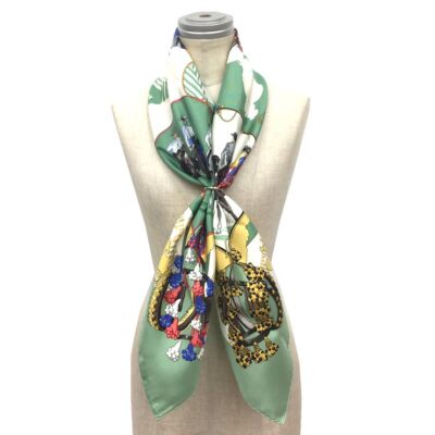 ○Hermes Carre90 Ferea De Levlla Cowboy Carre Scarf Silk Green