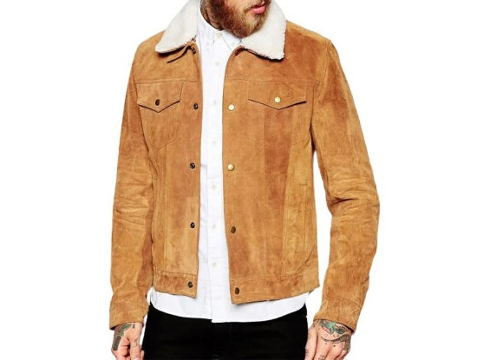 Men's Genuine Suede Leather Trucker Jacket Tan/Brown Denim Button Fur Collar XL