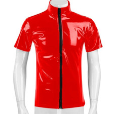 PVC Men Faux Patent Leather Shirts Coat Jacket Tops Blouse Wet Look Zip Sexy