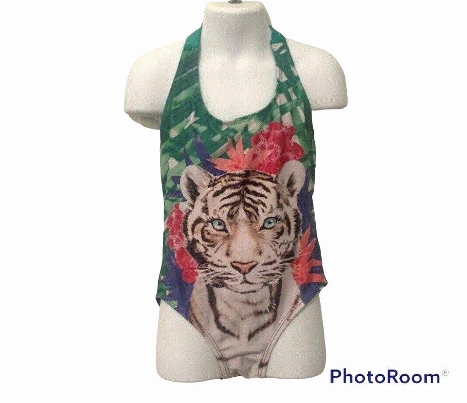 Gymboree Girls One Piece Halter Swimsuit Size S 5-6 Floral Kitten Face  - Image 2 of 4