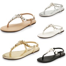 Women Rhinestone T-Strap Flat Sandals Lightweight Summer Beach Walking Sandals