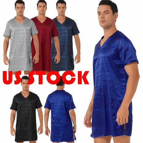 Men's Women Satin T-Shirts V Neck Short Sleeve Soft Loose Pajamas Tops Nightwear - Picture 2 of 66