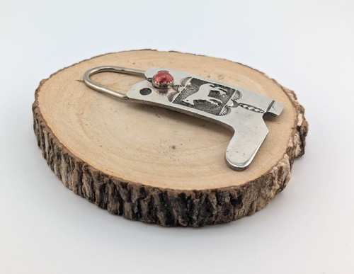 Native American Sterling Silver Key Fob Coral Stone Western Cowboy Boot Design - Picture 5 of 5