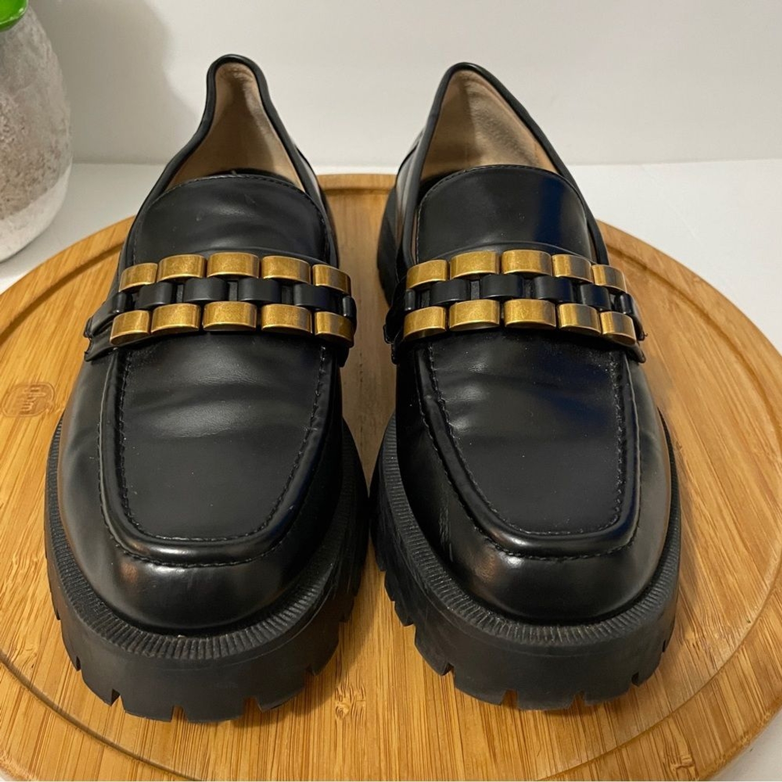 SAOLA Mocassini Zara neri vegan in pelle plateau oro metallizzato suola grossa taglia 6 5