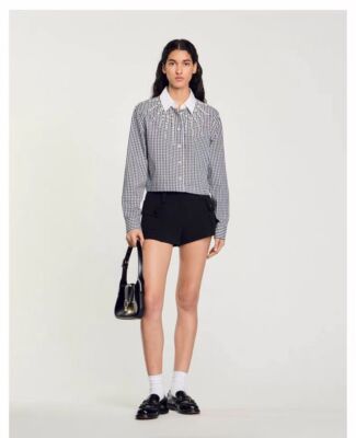 Sandro Rhinestone Plaid Houndstooth Long Sleeve Shirts Tops Women