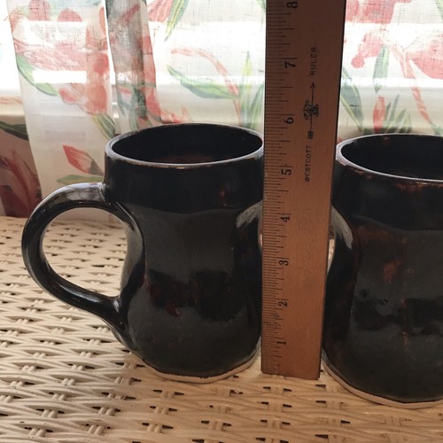 Pair Of Handmade Ceramic Glaze Oversize Brown Stoneware Mugs signed by artist - Picture 2 of 9