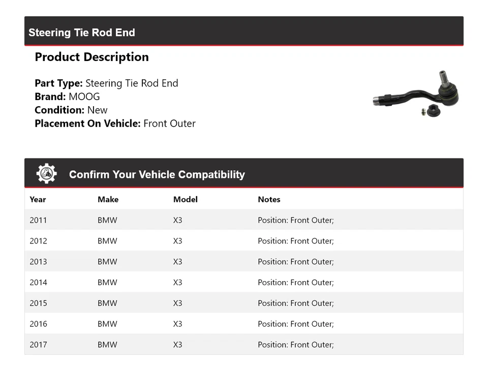 Para BMW X3 2011-2017 extremo de barra de dirección exterior delantero MOOG 2011 2012 2013 2014 Foto 2 de 4