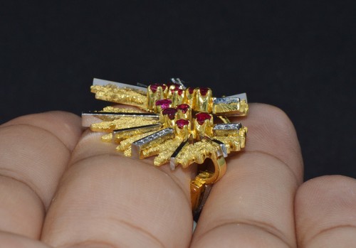 Certified Natural Diamond Ruby 18K Solid Gold Retro Fan Earclip Cluster Earrings - Picture 4 of 12